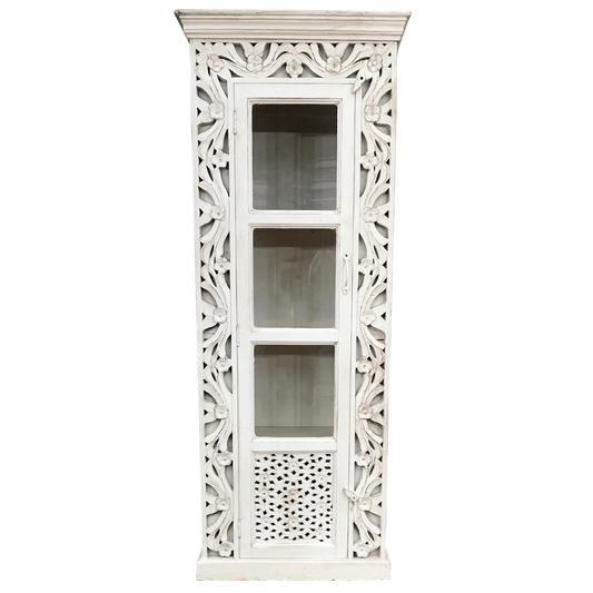 MANCHUELA SINGLE DOOR ORNATE ASIAN STYLE DISPLAY CABINET IN MANGO WOOD - MyChocolateWood