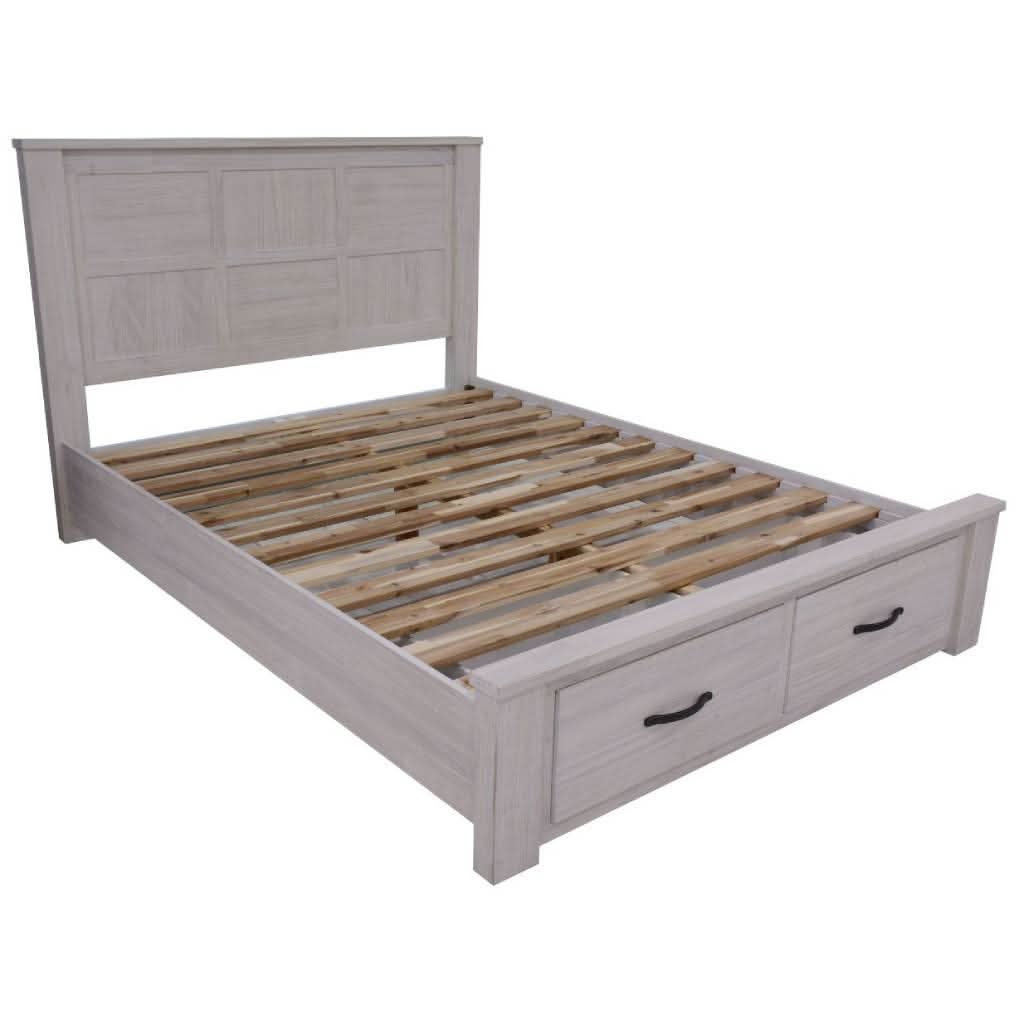 MANLY QUEEN SIZE BED WITH 2 DRAWERS IN BRUSHED WHITEWASH - MyChocolateWood