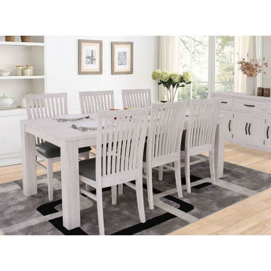 MANLY SOLID MOUNTAIN ASH DINING TABLE 190CM + 6 MANLY DINING CHAIRS IN BRUSHED WHITEWASH PACKAGE DEAL - MyChocolateWood