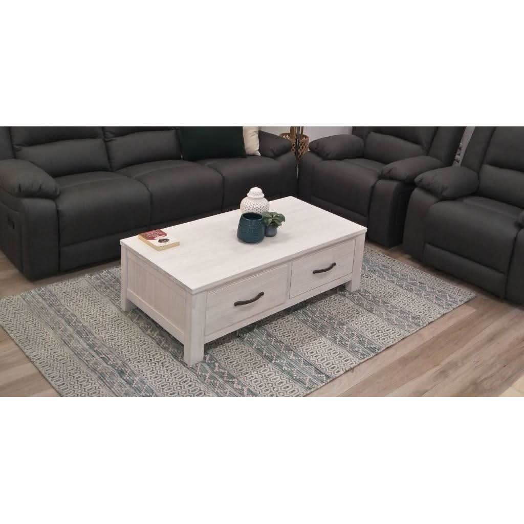 MANLY SOLID MOUNTAIN ASH TIMBER 2 DRAWER COFFEE TABLE IN BRUSHED WHITEWASH 127CM - MyChocolateWood
