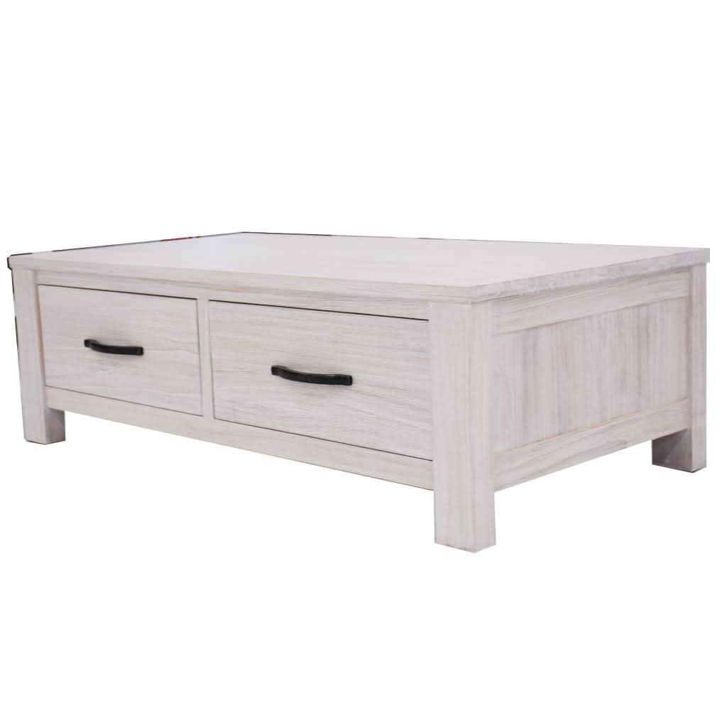MANLY SOLID MOUNTAIN ASH TIMBER 2 DRAWER COFFEE TABLE IN BRUSHED WHITEWASH 127CM - MyChocolateWood