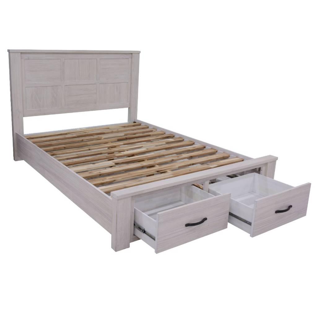 MANLY SOLID MOUNTAIN ASH TIMBER KING SIZE BED WITH 2 DRAWERS IN BRUSHED WHITEWASH - MyChocolateWood