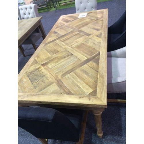 MARCIA SOLID RECYCLED ELM DINING TABLE PARQUETRY TOP 150CM - MyChocolateWood