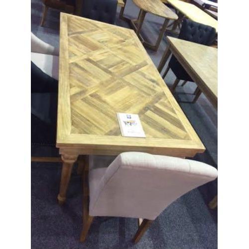 MARCIA SOLID RECYCLED ELM DINING TABLE PARQUETRY TOP 150CM - MyChocolateWood