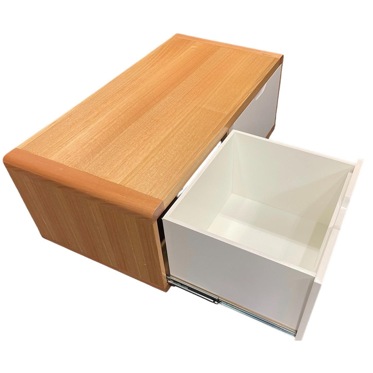 MAXWELL 2-DRAWER TASSIE OAK COFFEE TABLE IN CLEAR LACQUER MADE TO ORDER - MyChocolateWood