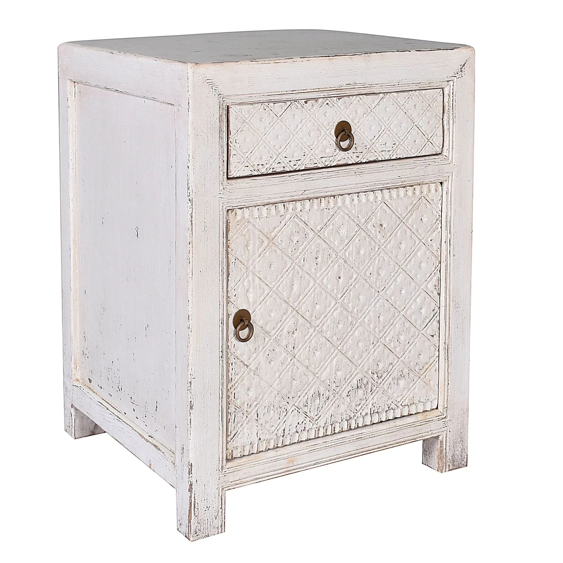 MAYLEEN PAIR OF RECLAIMED TIMBER BEDSIDE TABLES 1 DRAWER 1 DOOR WHITE - MyChocolateWood