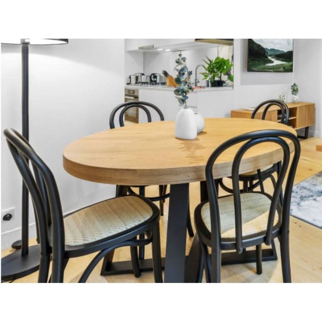 MAYZI ELM VENEER ROUND DINING TABLE NATURAL/BLACK LEGS - MyChocolateWood