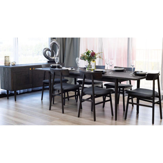 MEDRANO OAK 7 PIECE DINING SET SANDBLASTED BLACK EXTENSION DINING TABLE 170/230CM + 6 MEDRANO FABRIC SEAT DINING CHAIRS