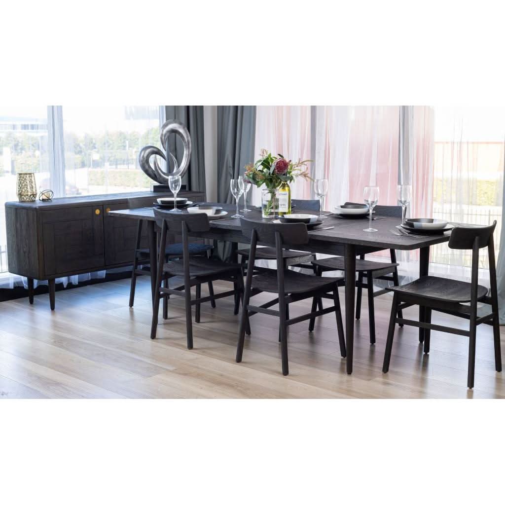 MEDRANO OAK 7 PIECE DINING SET SANDBLASTED BLACK EXTENSION DINING TABLE 170/230CM + 6 MEDRANO TIMBER SEAT DINING CHAIRS - MyChocolateWood