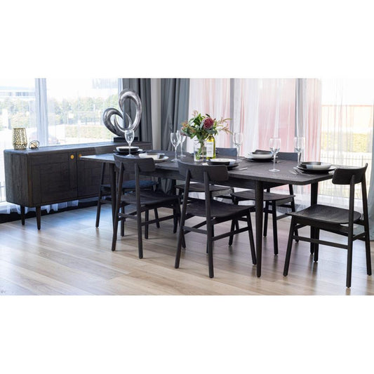 MEDRANO OAK 7 PIECE DINING SET SANDBLASTED BLACK EXTENSION DINING TABLE 170/230CM + 6 MEDRANO TIMBER SEAT DINING CHAIRS