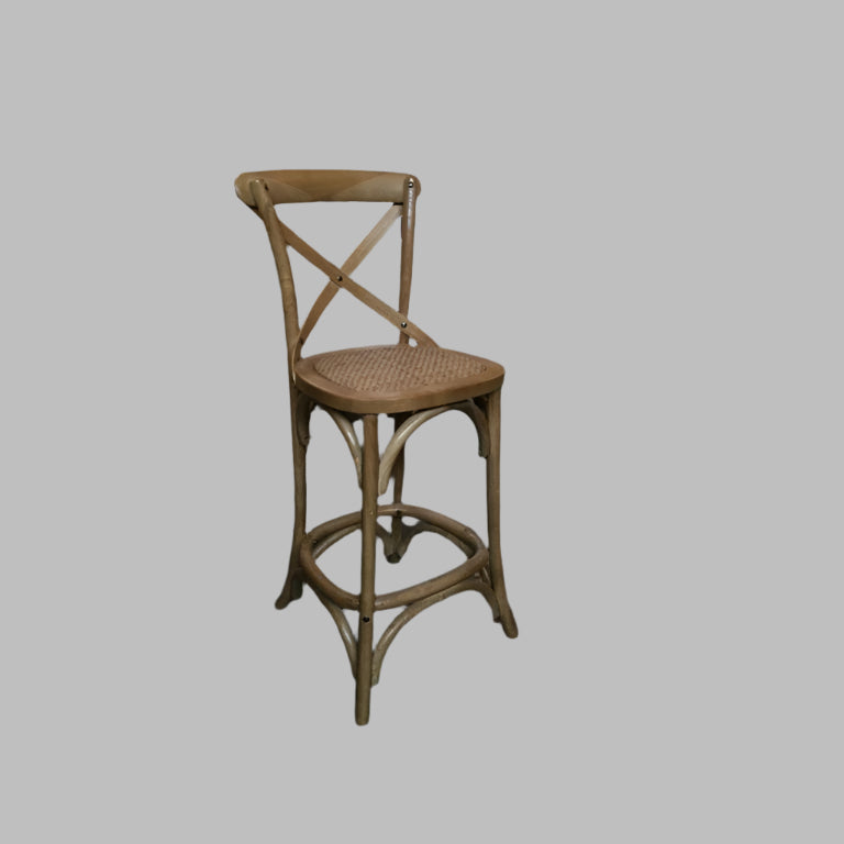 MELROSE CROSS BACK BAR STOOL WITH RATTAN SEAT IN NATURAL - 65CM SEAT HEIGHT - MyChocolateWood