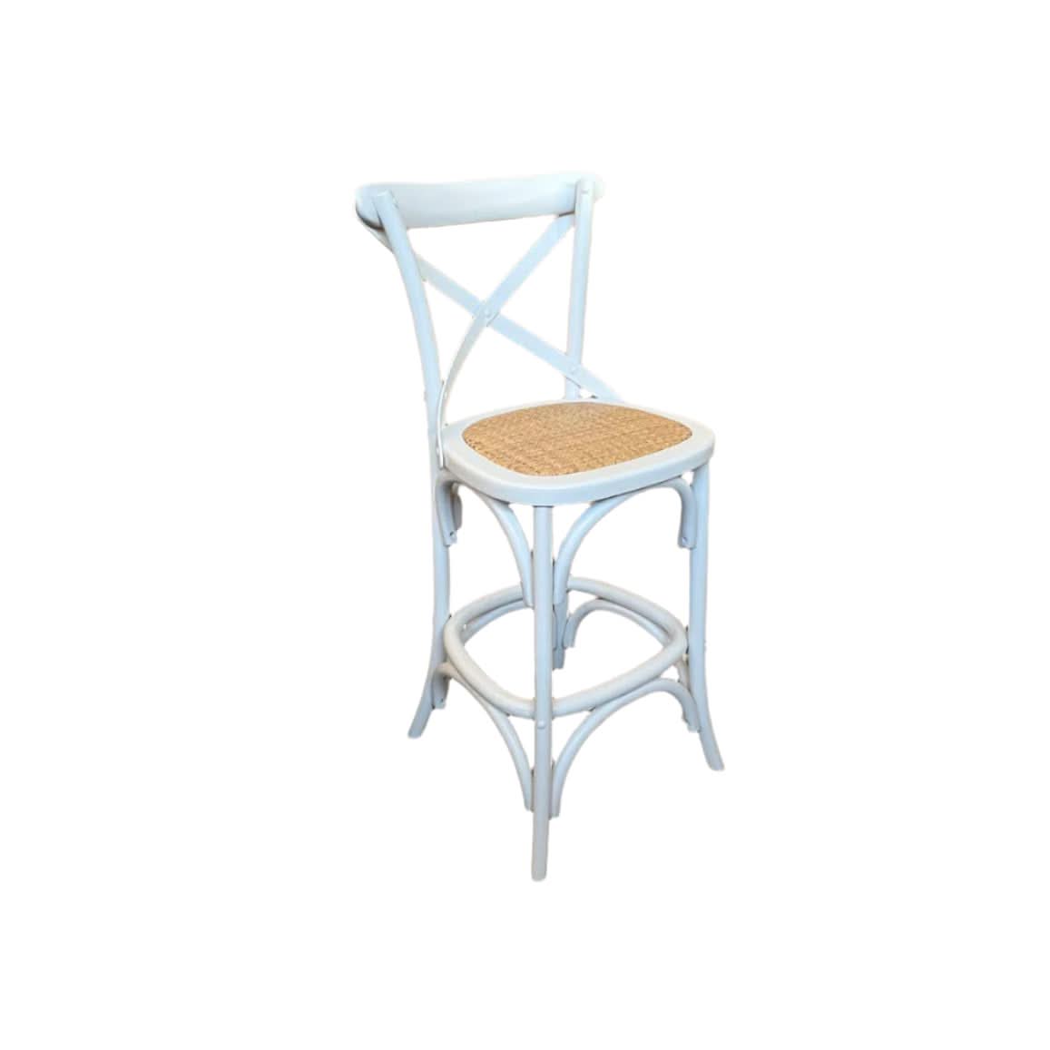 MELROSE CROSS BACK BAR STOOL WITH RATTAN SEAT IN WHITE - 65CM SEAT HEIGHT - MyChocolateWood