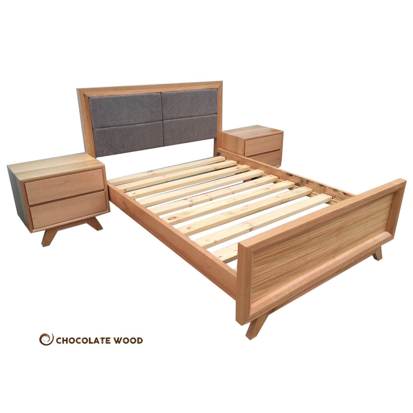 MIRANDA QUEEN BED + 2 BEDSIDE TABLES IN SOLID TASSIE OAK TIMBER CUSTOM MADE TO ORDER - MyChocolateWood