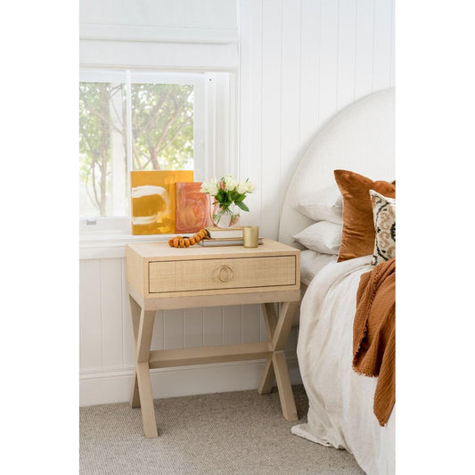 MONFORT MAHOGANY FRAME RAFFIA 1 DRAWER BEDSIDE TABLE NIGHTSTAND SANDBAR