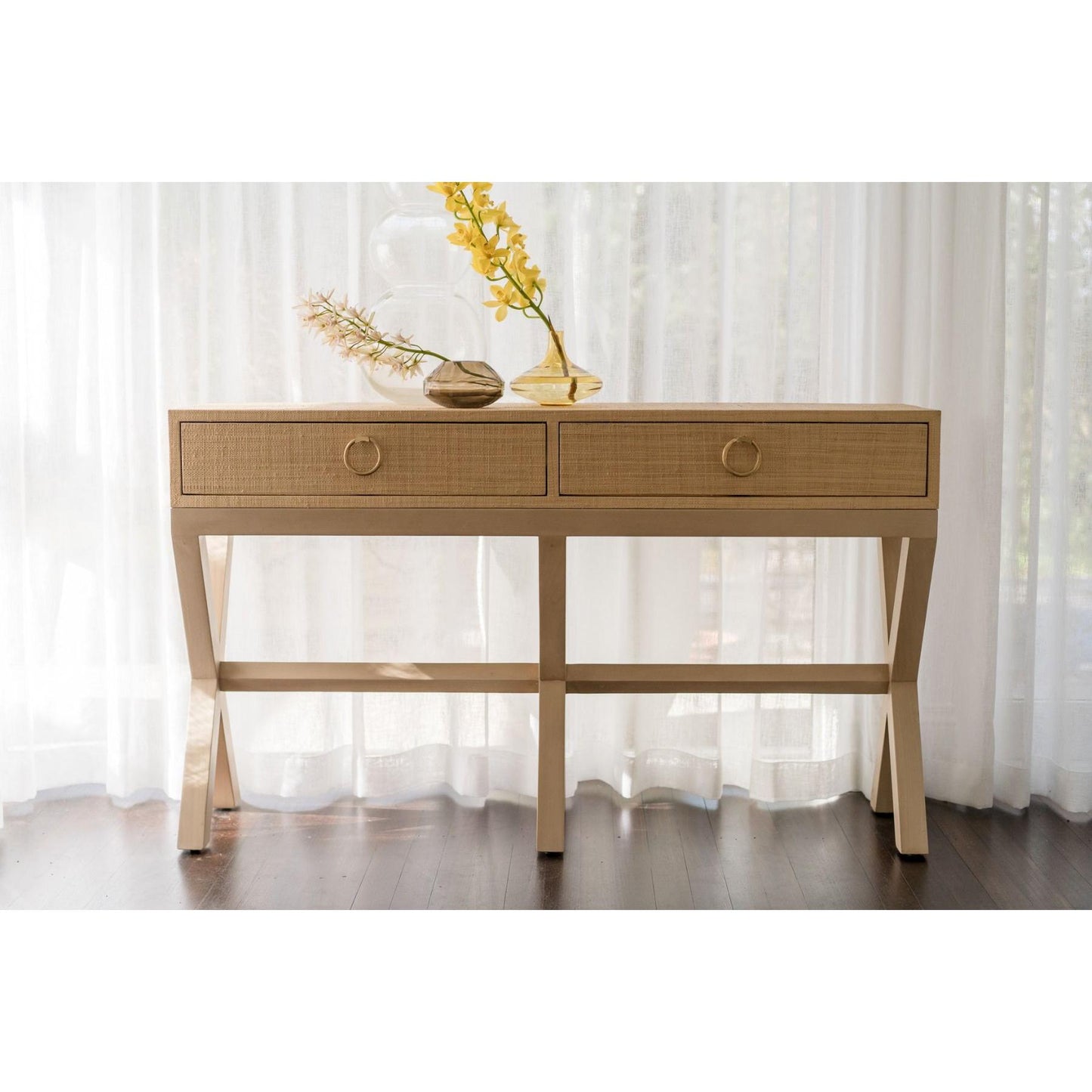 MONFORT MAHOGANY FRAME RAFFIA WRAPPED HALL TABLE/CONSOLE TABLE 2 DRAWERS SANDBAR