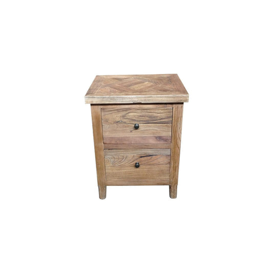 MORO RUSTIC RECYCLED ELM 2 DRAWER BEDSIDE TABLE PARQUETRY TOP 50CM - MyChocolateWood