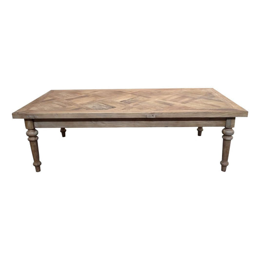 MORO RUSTIC RECYCLED ELM COFFEE TABLE WITH PARQUETRY TOP 140CM - MyChocolateWood