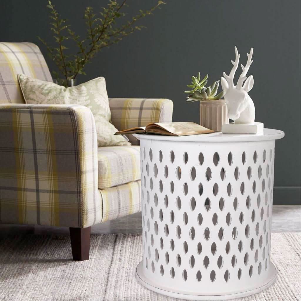 MOSAIC ROUND SIDE TABLE 50X50X50CM-WHITE - MyChocolateWood