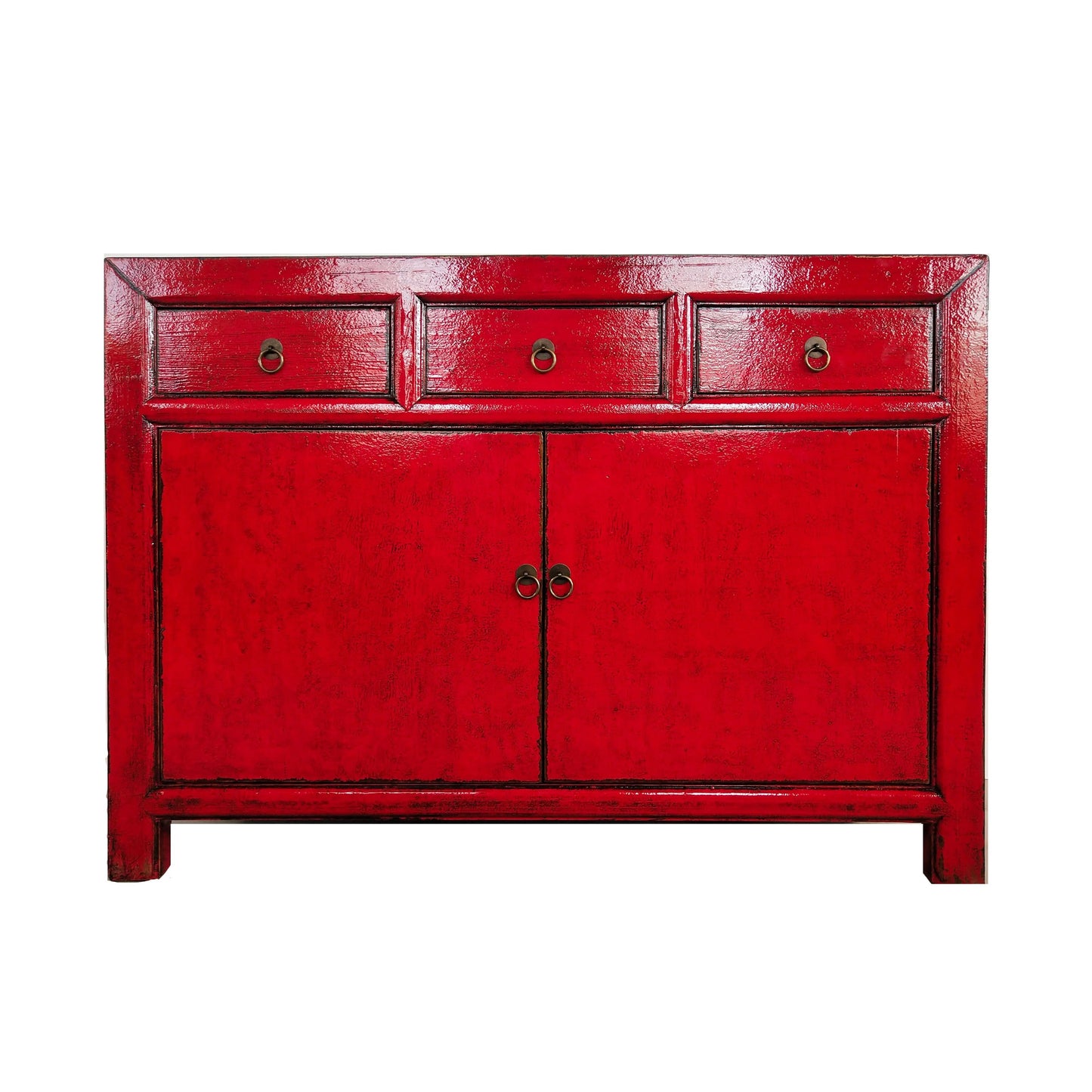 NANJING  NGH002 CHINESE ANTIQUE RECYCLED  PINE TIMBER BUFFET/SIDEBOARD 3 DRAWERS 2 DOORS RED - MyChocolateWood