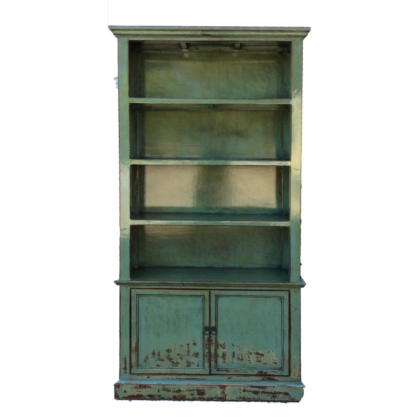 NANYANG H29 CHINESE ANTIQUE RECYCLED  PINE TIMBER BOOKCASE BOOKSHELF 4 SHELVES 2 DOORS DISTRESSED GREEN - MyChocolateWood