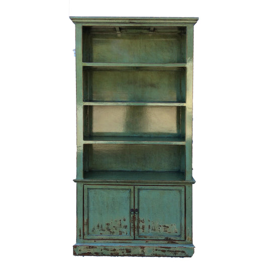 NANYANG H29 CHINESE ANTIQUE RECYCLED  PINE TIMBER BOOKCASE BOOKSHELF 4 SHELVES 2 DOORS DISTRESSED GREEN