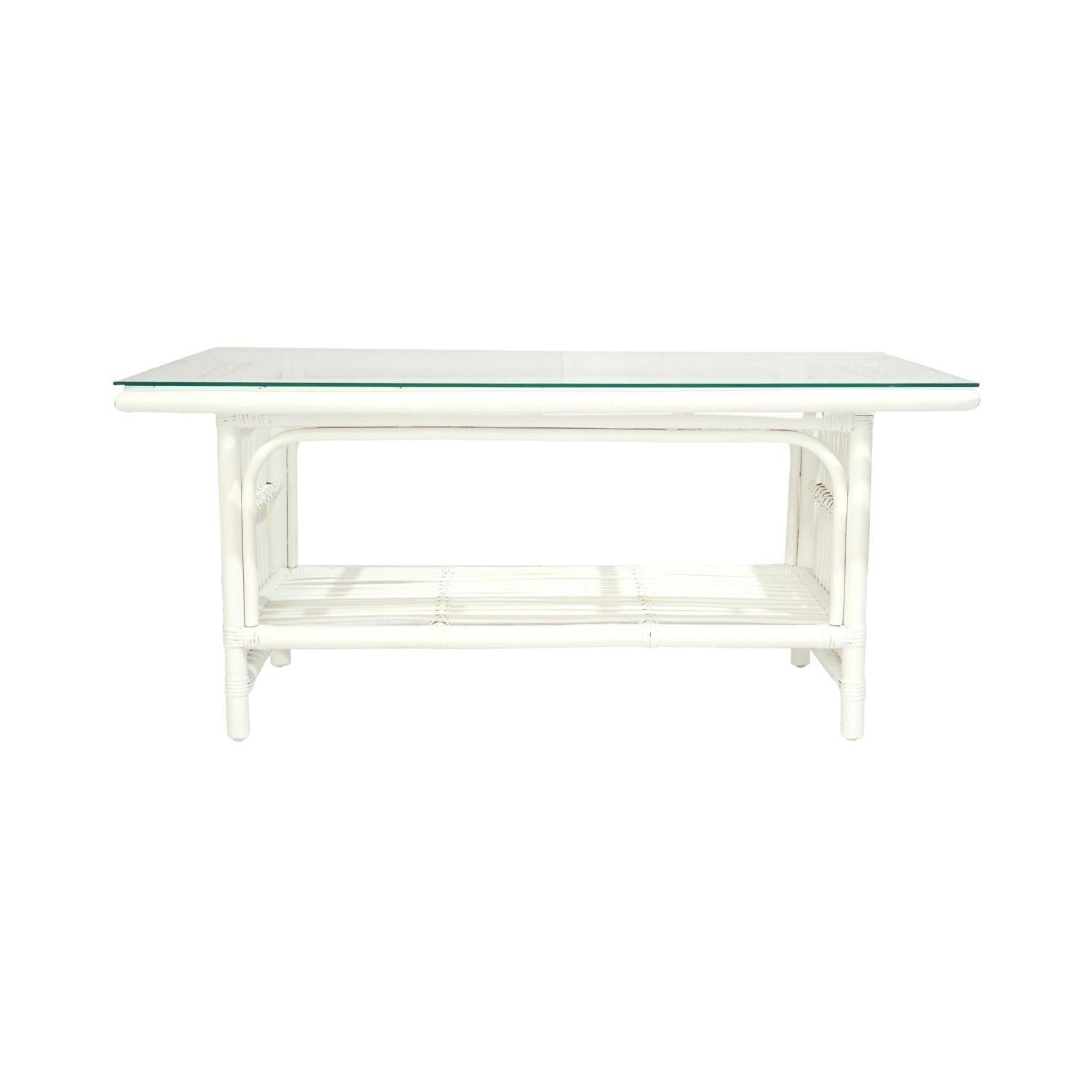 NAPOLI HAMPTONS STYLE RATTAN COFFEE TABLE WITH GLASS TOP IN SOLID WHITE - MyChocolateWood