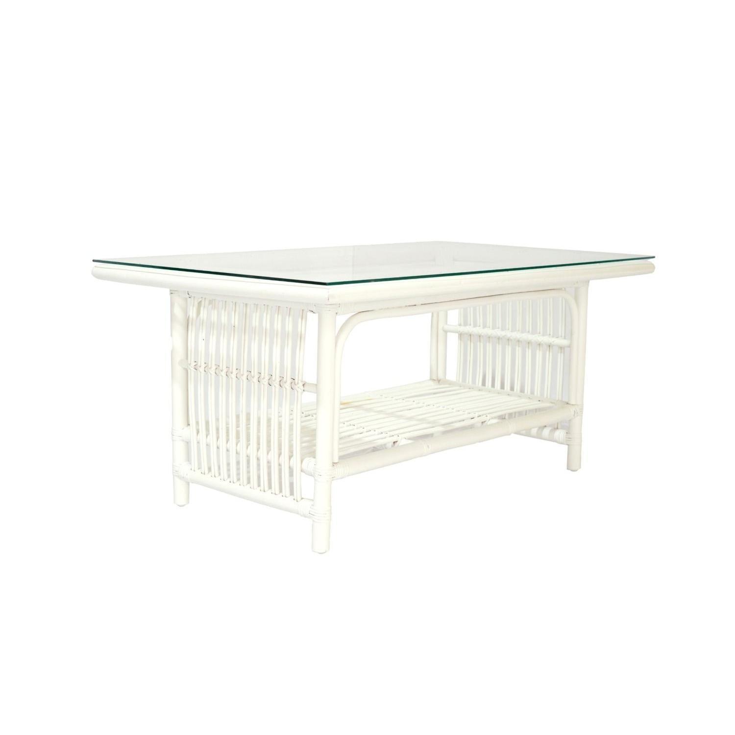 NAPOLI HAMPTONS STYLE RATTAN COFFEE TABLE WITH GLASS TOP IN SOLID WHITE - MyChocolateWood