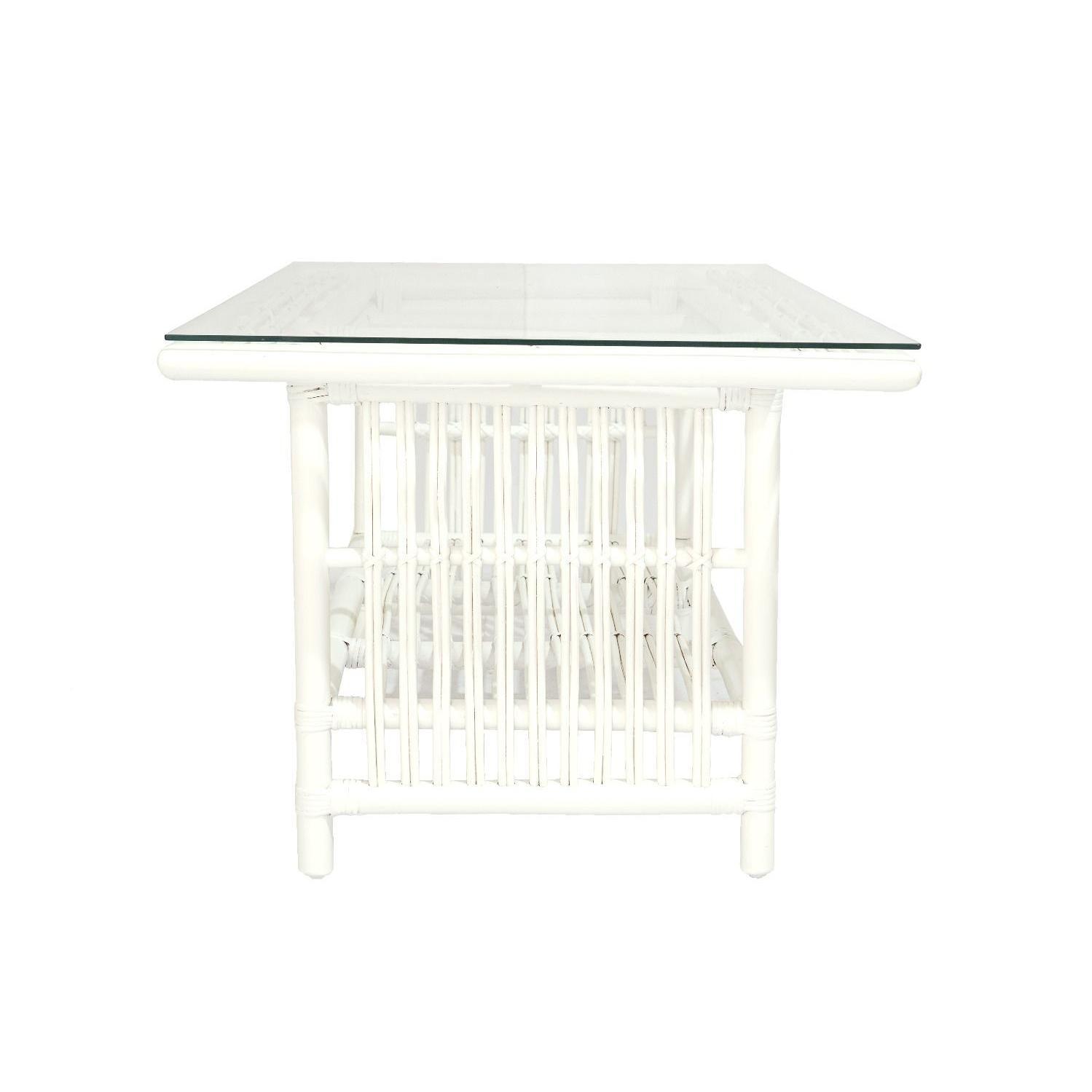 NAPOLI HAMPTONS STYLE RATTAN COFFEE TABLE WITH GLASS TOP IN SOLID WHITE - MyChocolateWood