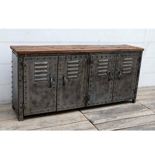 NEWTON VINTAGE IRON LOCKER SIDEBOARD BUFFET/RECLAIMED RAILWAY SLEEPER WOOD - MyChocolateWood
