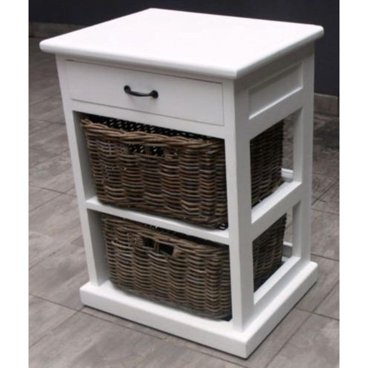 NICE SOLID MAHOGANY BEDSIDE TABLE WITH 2 WICKER BASKETS & 1 TIMBER DRAWER - MyChocolateWood