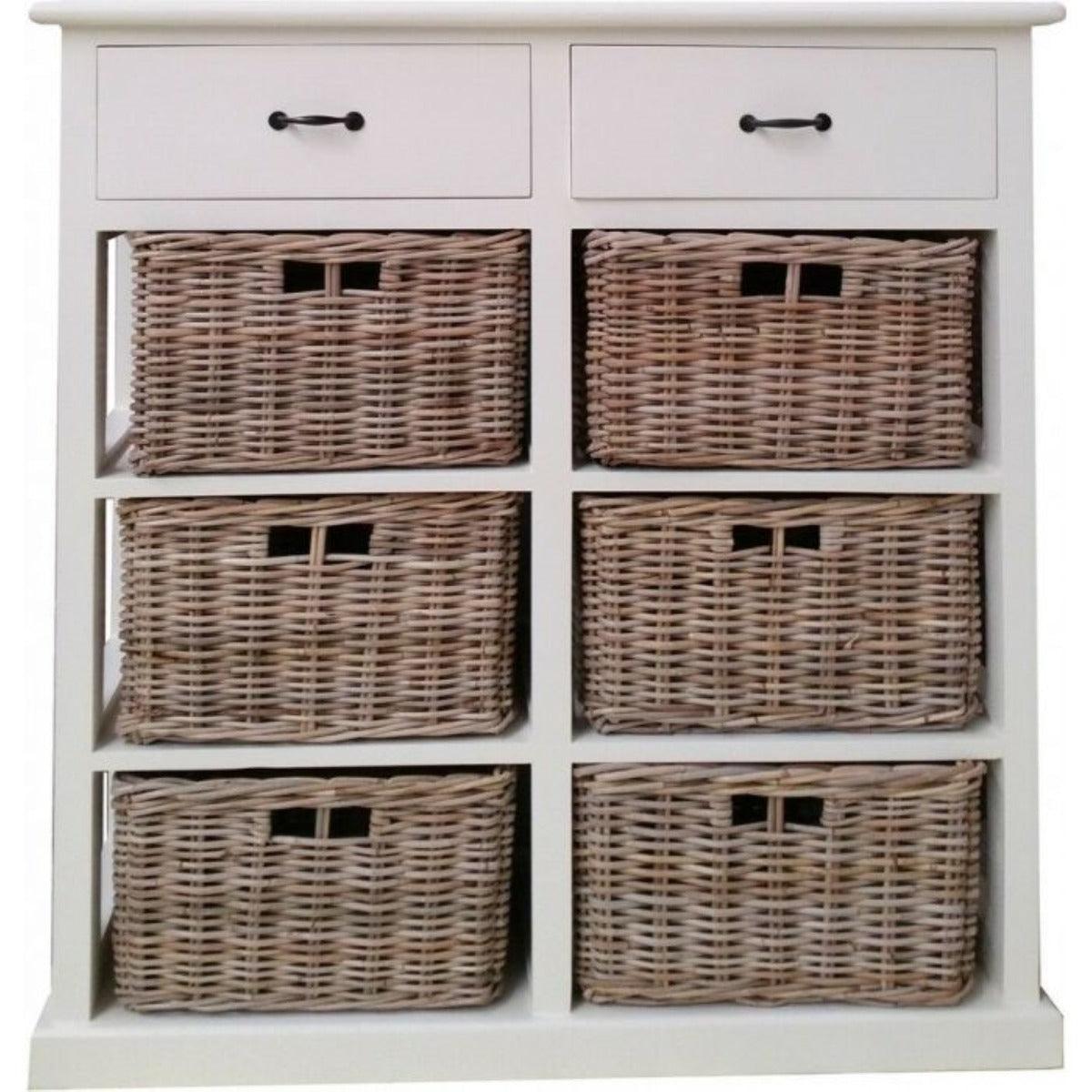 NICE SOLID MAHOGANY TALLBOY WITH 6 WICKER BASKETS & 2 TIMBER DRAWERS - MyChocolateWood