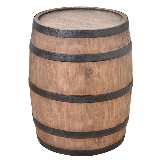 ORLEANS RECLAIMED ELM WINE BARREL SIDE TABLE LAMP TABLE NATURAL & BLACK IRON ACCENTS