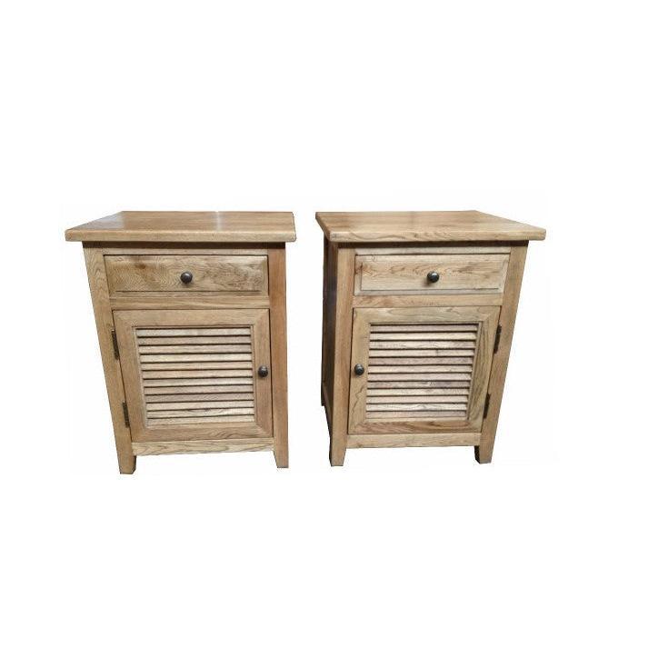 PALM BEACH LOUVRE STYLE BEDSIDE TABLE 1 DRAWER & 1 DOOR WITH HINGES ON THE RIGHT-HAND SIDE IN SOLID OAK - MyChocolateWood