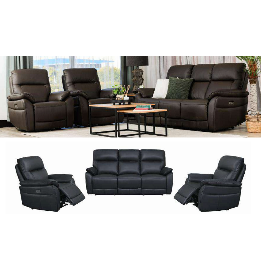 PERSI GENUINE LEATHER 3-SEATER + 2 SINGLE RECLINERS (ARMCHAIRS) SUITE BROWN 3 PIECE LOUNGE SET - MyChocolateWood