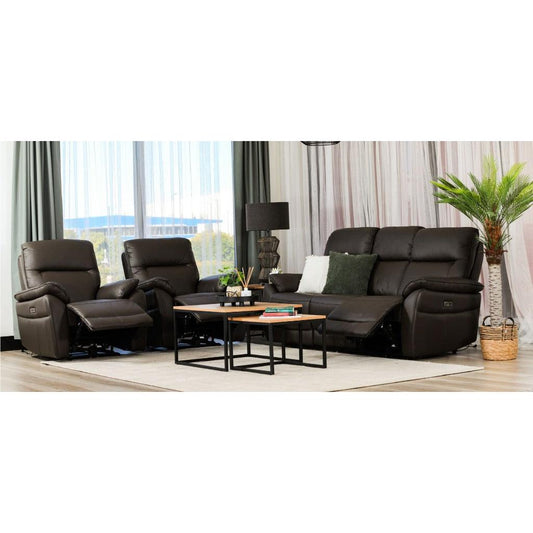 PERSI GENUINE LEATHER 3-SEATER + 2 SINGLE RECLINERS (ARMCHAIRS) SUITE BROWN 3 PIECE LOUNGE SET - MyChocolateWood