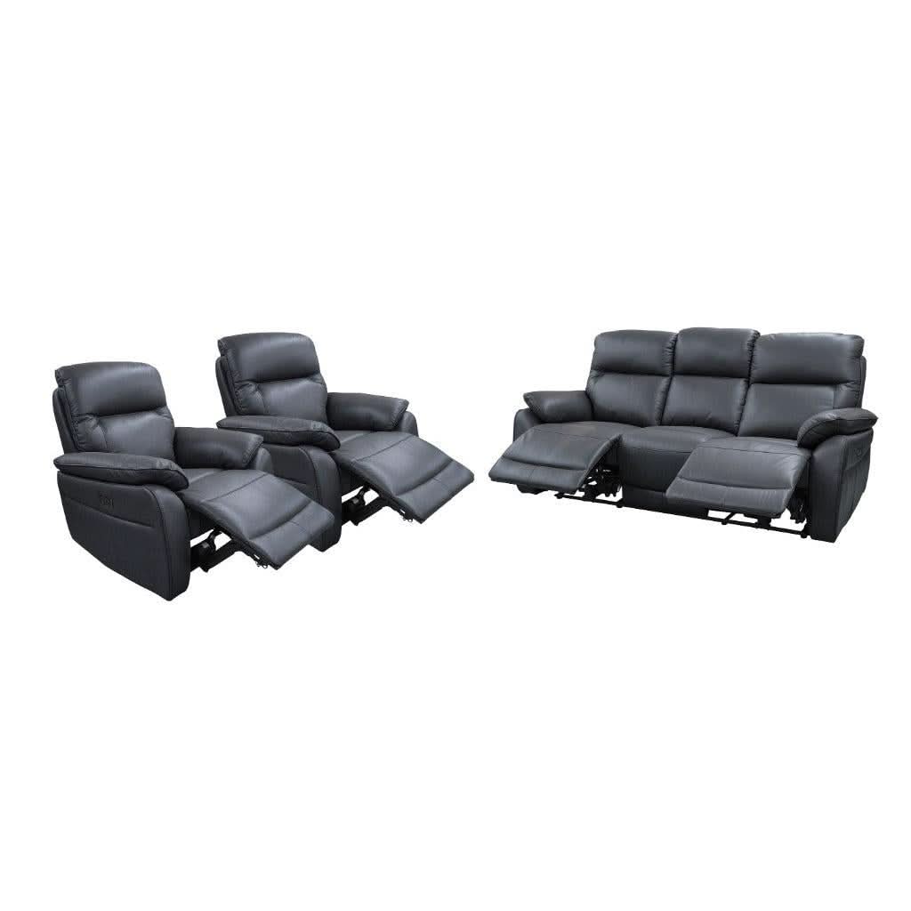 PERSI GENUINE LEATHER 3-SEATER + 2 SINGLE RECLINERS (ARMCHAIRS) SUITE GRAPHITE 3 PIECE LOUNGE SET - MyChocolateWood
