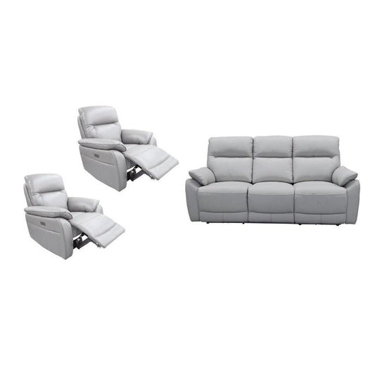 PERSI GENUINE LEATHER 3-SEATER + 2 SINGLE RECLINERS (ARMCHAIRS) SUITE SILVER 3 PIECE LOUNGE SET - MyChocolateWood