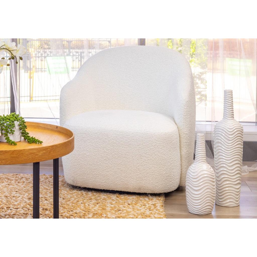 PRIMROSE BOUCLE FABRIC SWIVEL ARMCHAIR IN WHITE - MyChocolateWood