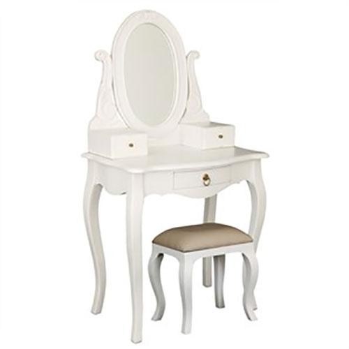 QUEEN ANN OVAL 1 DRAWER DRESSER WITH MIRROR IN SOLID WHITE MAHOGANY WITH STOOL - MyChocolateWood