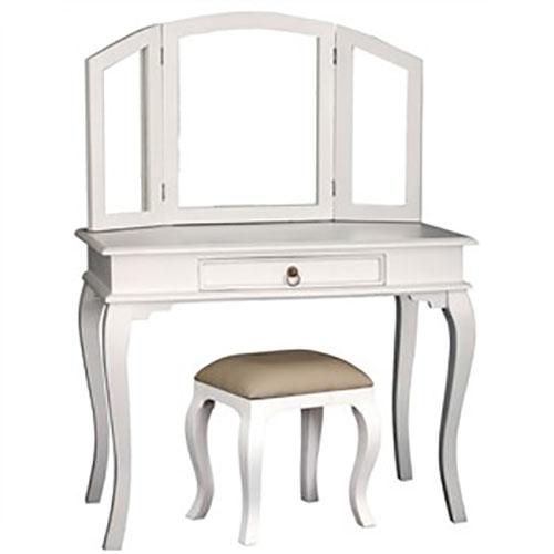 QUEEN ANN SOLID MAHOGANY WHITE DRESSING TABLE WITH MIRROR AND STOOL - MyChocolateWood