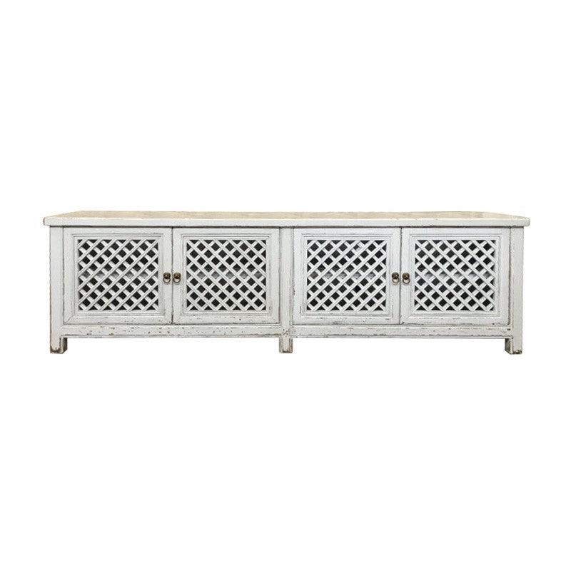 RAFAEL RECYCLED ELM TV UNIT IN DISTRESSED WHITE 4 LATTICE DOORS WITH A RUBBED BACK FINISH - MyChocolateWood
