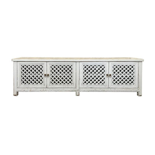 RAFAEL RECYCLED ELM TV UNIT IN DISTRESSED WHITE 4 LATTICE DOORS WITH A RUBBED BACK FINISH - MyChocolateWood