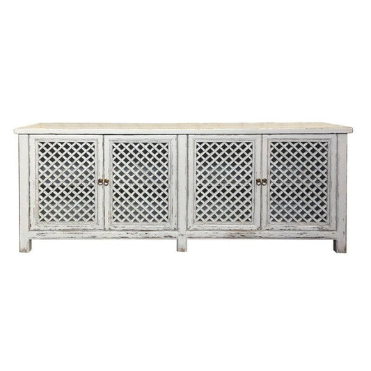 RAFAEL WHITE RECYCLED ELM BUFFET WITH A RUBBED BACK FINISH & 4 LATTICE DOORS - MyChocolateWood