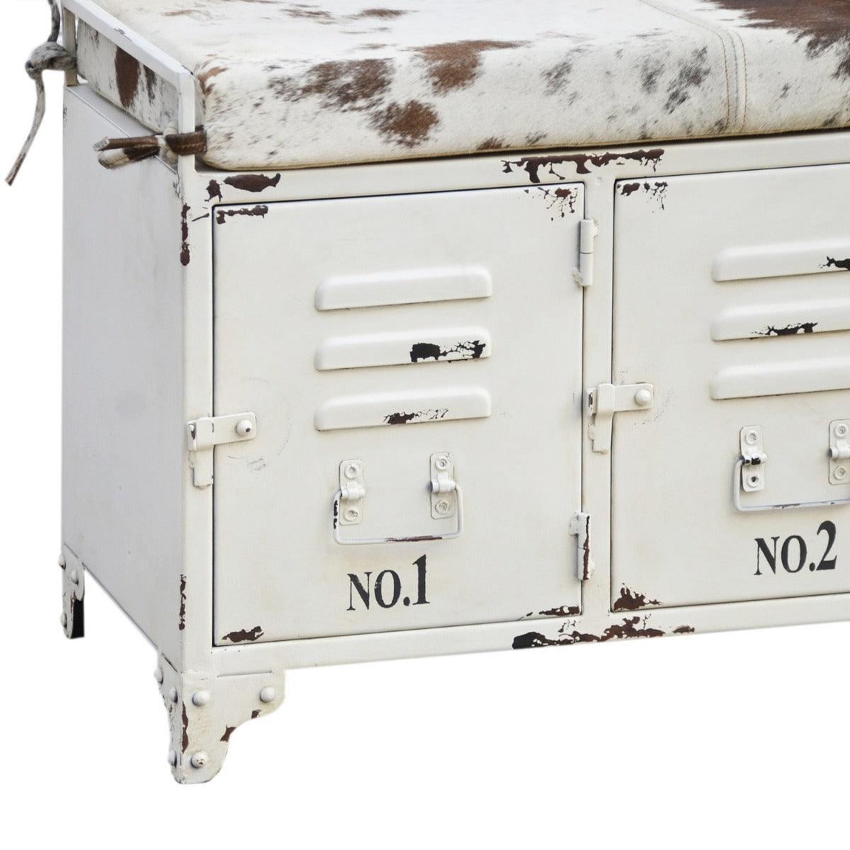 RANCHI COWHIDE IRON LOCKER BENCH WITH 4 DOORS - MyChocolateWood