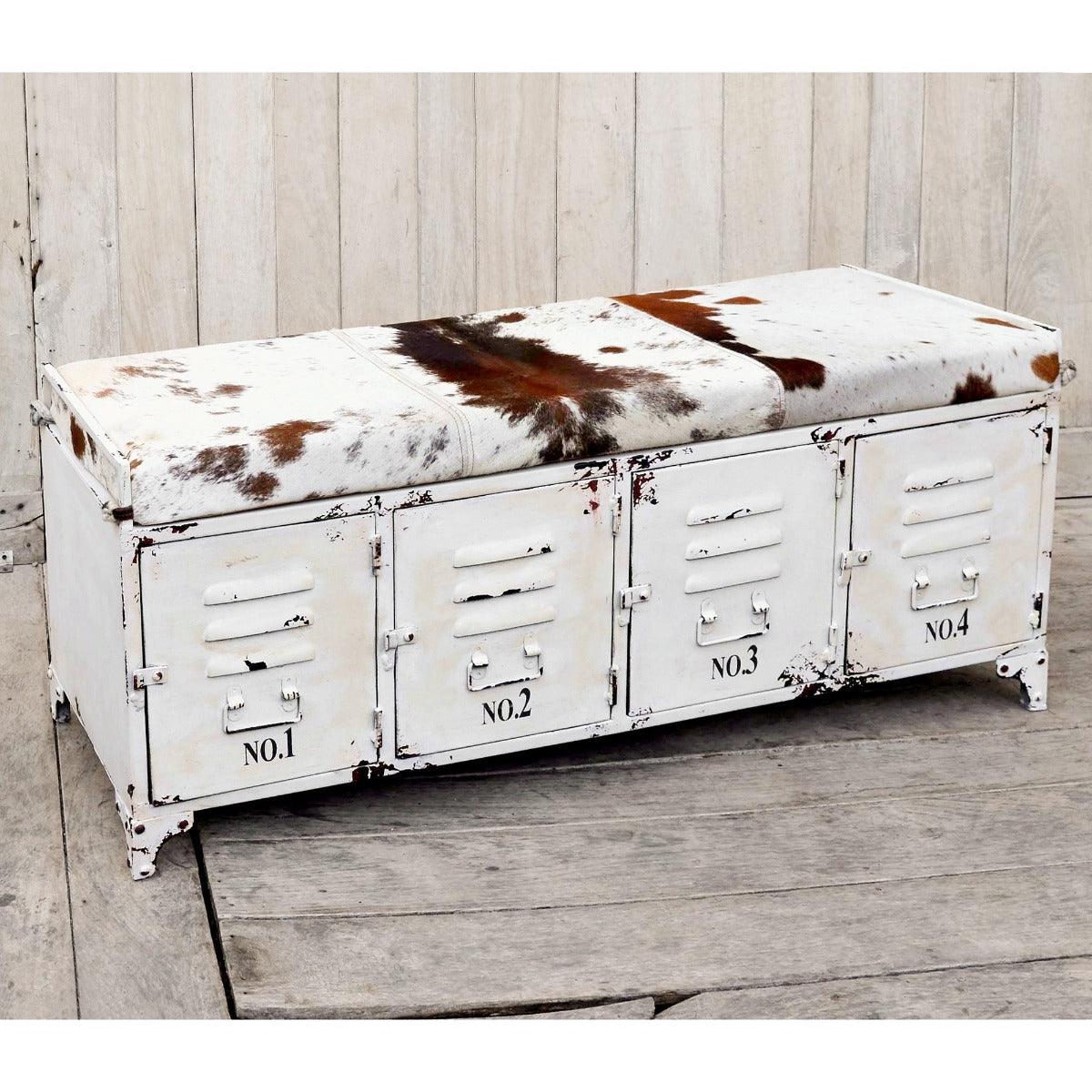 RANCHI COWHIDE IRON LOCKER BENCH WITH 4 DOORS - MyChocolateWood