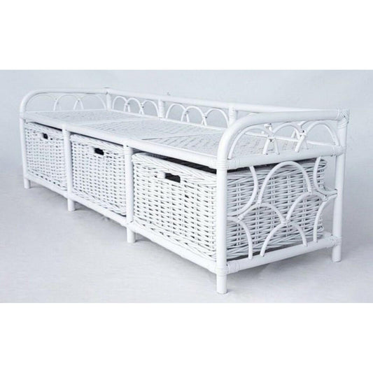 RATTAN STORAGE BENCH/HALLWAY BENCH W/ 3 RATTAN STORAGE BASKETS IN WHITE - MyChocolateWood