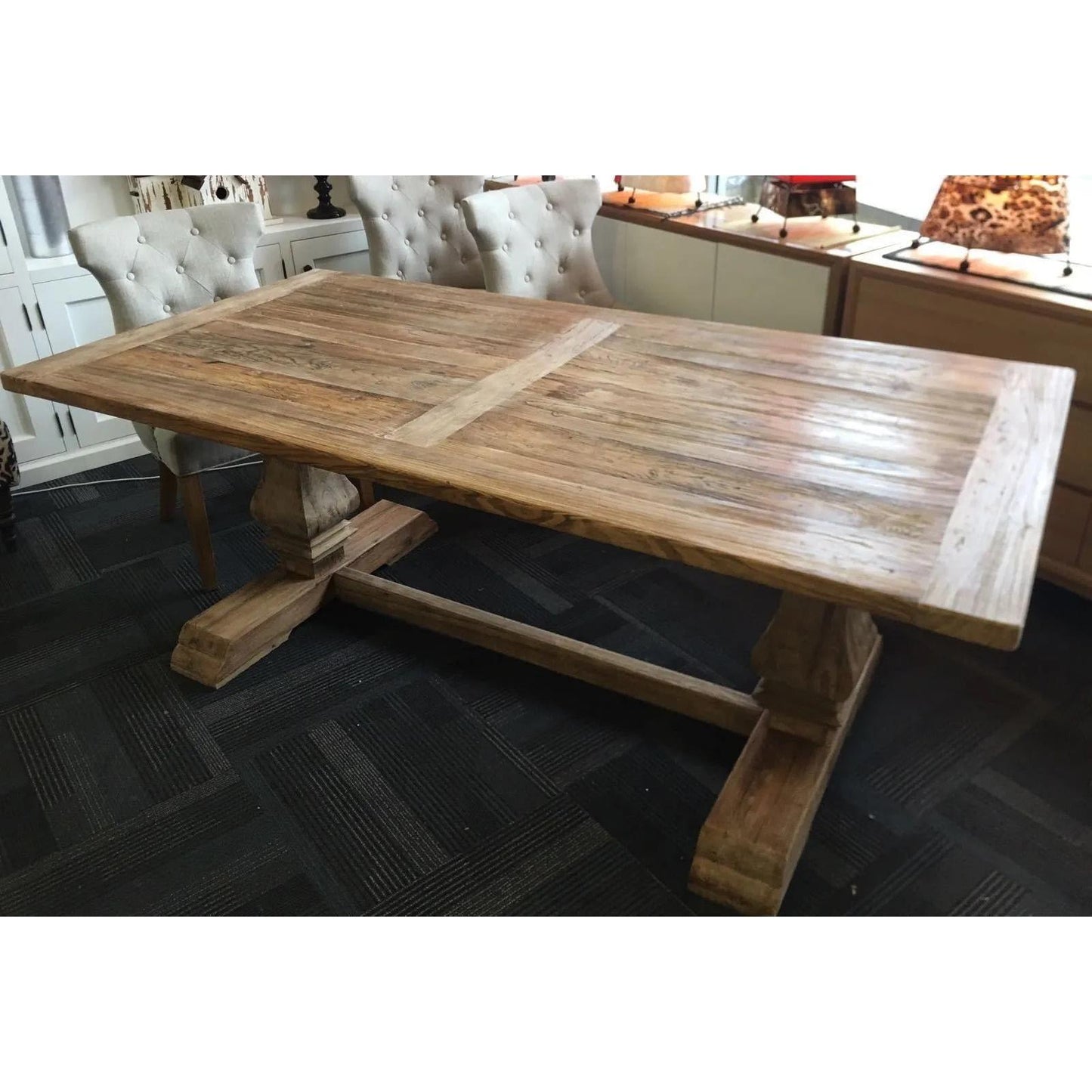 RHIANNON FARMHOUSE RUSTIC DINING TABLE 245CM + 2 X RHIANNON FARMHOUSE BENCHES IN RECYCLED ELM - MyChocolateWood