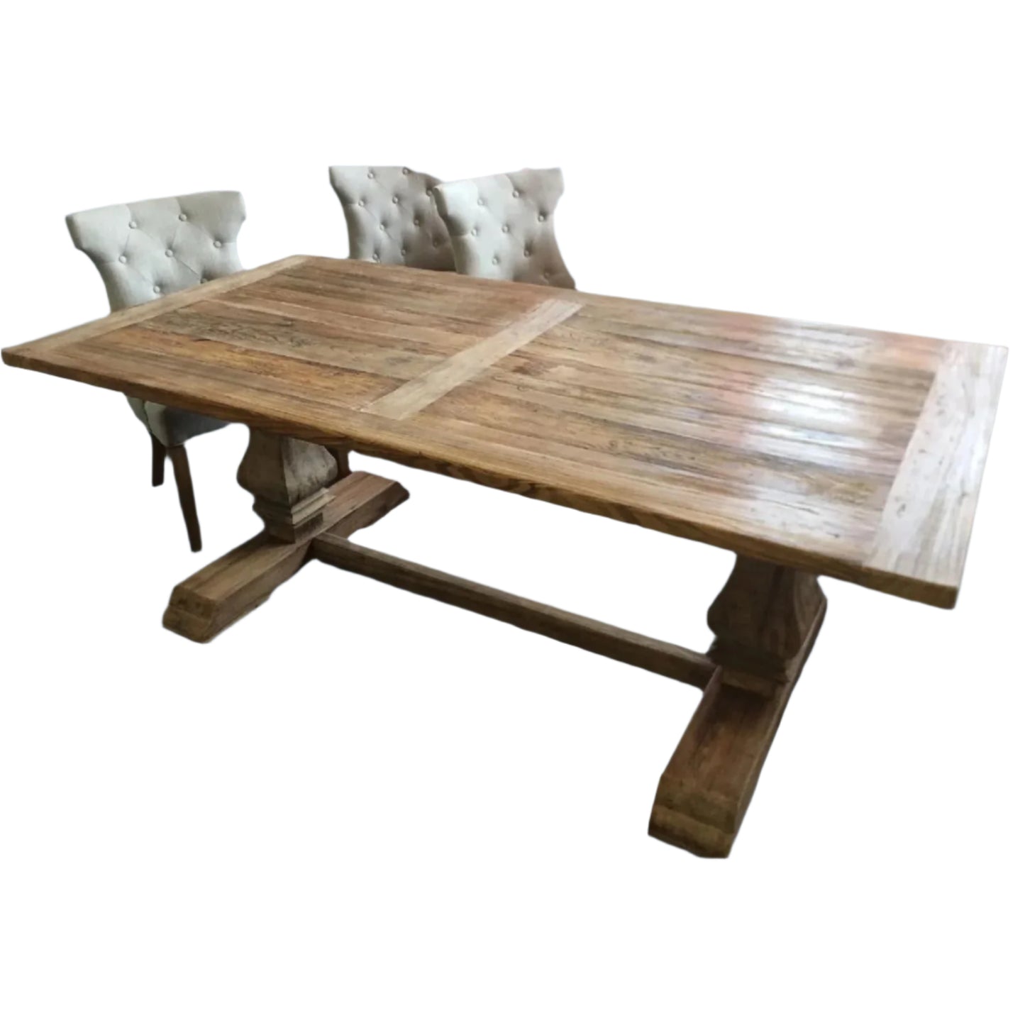 RHIANNON FARMHOUSE RUSTIC DINING TABLE 300CM + 2 X RHIANNON FARMHOUSE BENCHES IN RECYCLED ELM - MyChocolateWood