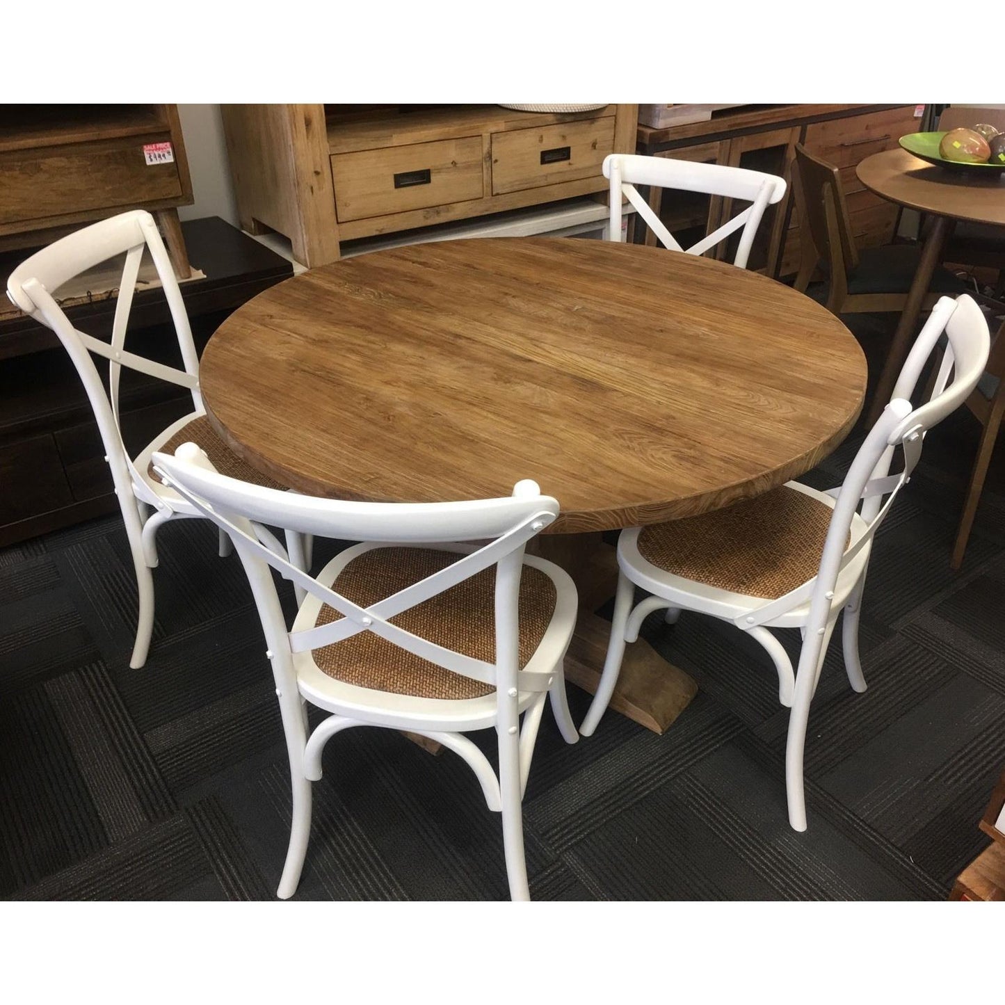 RHIANNON ROUND DINING TABLE IN RECYCLED ELM 120CM DIAMETER + 4 MELROSE DINING CHAIRS IN WHITE - MyChocolateWood