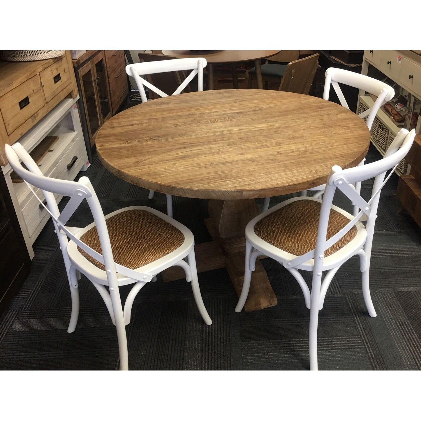 RHIANNON ROUND DINING TABLE IN RECYCLED ELM 120CM DIAMETER + 4 MELROSE DINING CHAIRS IN WHITE - MyChocolateWood